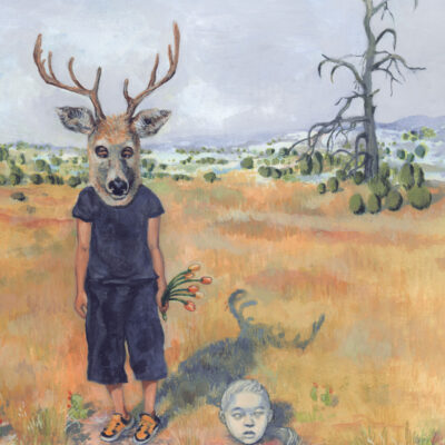 Illustration of girl wearing a large deer head mask with antlers. She is clothed in a dark blue tshirt and pants and stands in a high desert landscape, holding plastic flowers. A ghostly girl’s head is placed beside her in the grass.