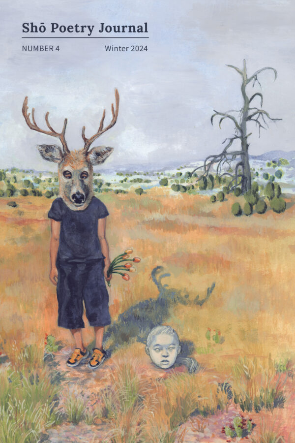 Illustration of girl wearing a large deer head mask with antlers. She is clothed in a dark blue tshirt and pants and stands in a high desert landscape, holding plastic flowers. A ghostly girl’s head is placed beside her in the grass.