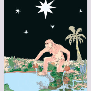 Graphic modeled after the Star Tarot card shows a pink and beige female hominin kneeling at a pond, pouring water from terracotta-colored jugs onto land and into the pond. Seven small off-white hummingbird-shaped stars and one large star are pictured against a dark sky with a coconut tree in the corner. The earth is lush green and brown.