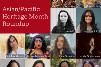 A grid of photographs of 12 poets. In the top left corner is a large red square with text "Shō Poetry Journal ･ Asian/Pacific Heritage Month Playlist"