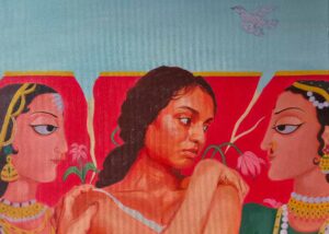 Close-up of a reddish-hued oil on canvas painting by Tanya Rastogi