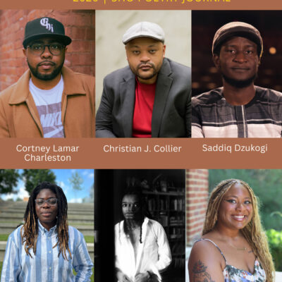 Six Black poets pictured: Cortney Lamar Charleston, Christian J. Collier, Saddiq Dzukogi, Chiagoziem Jideofor, william o'neal ii, and Febriary Spikener. Yellow text on warm brown background reads: Black History Month Playlist | 2026 Shō Poetry Journal