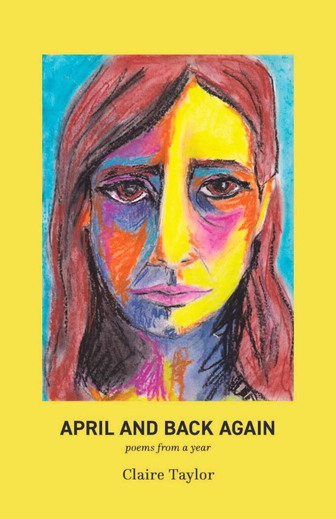 April and Back Again, a colorful crayon portrait of a woman with bright hues or yellow, cyan, pink, orange, and red