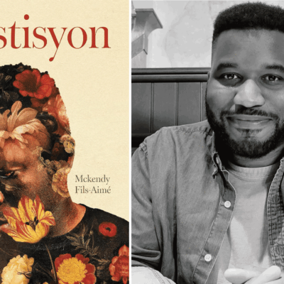Left: The cover of "sipèstisyon," the debut poetry collection of Mckendy Fils-Aimé, features a portrait of a young Black man covered with various types of flowers in warm hues. The title is red on a pale yellow background. Right: Mckendy Fils-Aimé, a Haitian-American poet, looks at the camera with a closed-mouth smile.